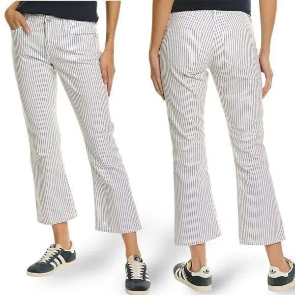 Frame Le Crop Mini Boot Jeans Women Size 28 White Blue Pin Stripe Flare Wide - Picture 1 of 16